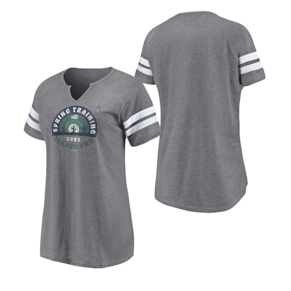 Women's Seattle Mariners Fanatics Branded Heathered Gray 2022 MLB Spring Training Cactus League Spring Retro Raglan Tri-Blend Notch Neck T-Shirt